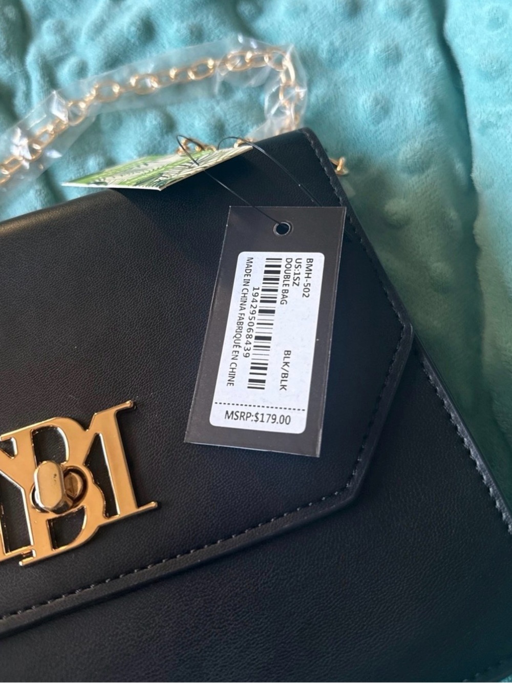 Mishka Black Crossbody Bag with Gold Logo and Chain